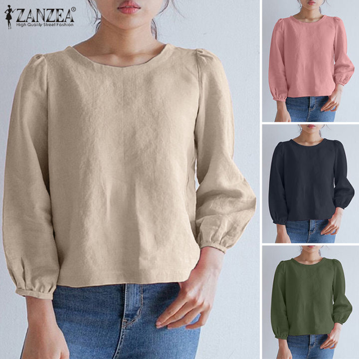 เคลียร์สต๊อกขาย-จัดส่งฟรี-fancystyle-zanzea-เสื้อเบลาส์คอกลมทรงหลวมเรียบง่ายแขนพองลำลองแบบสวมหัวสีทึบ-8