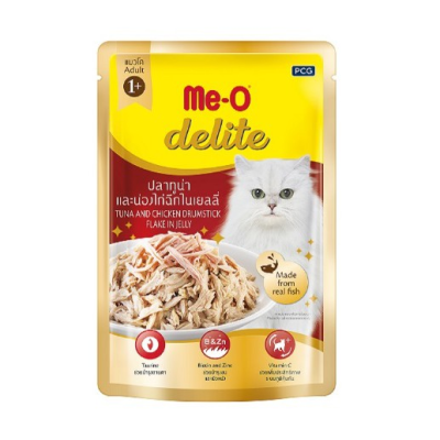 ME-O มีโอ ดีไลท์ เพาซ์ อาหารแมวโต ชนิดเปียกแบบซอง รสปลาทูน่าและน่องไก่ฉีกในเยลลี่ (1 กล่อง = 70 g. x 12 ซอง)