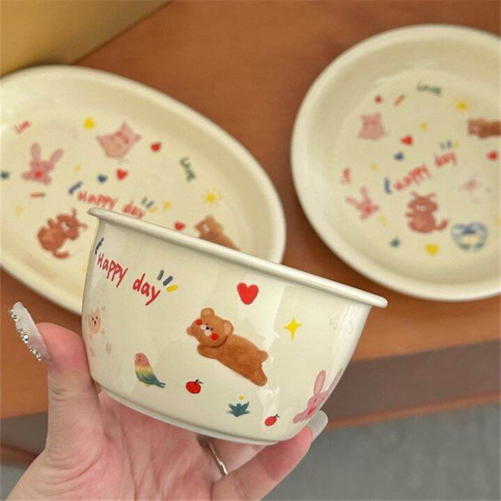 korean-ins-style-cute-cream-bunny-ceramic-bowl-home-tableware-dessert-plate-breakfast-bowl-mug-set