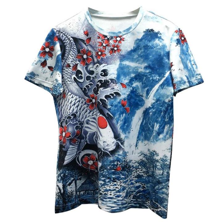 lyprerazy-men-hip-hop-เสื้อยืด-streetwear-retro-ตัวอักษรจีนปลาพิมพ์สีขาว-tees-ฤดูร้อน-harajuku-เสื้อยืดสีฟ้า