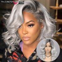 FAVE Side Part Lace Wigs Ombre Black Gray Loose Wave Curly Synthetic T Part Lace Bob Wave Wig For Woman Heat Resistant Weave [ Hot sell ] TOY CENTER