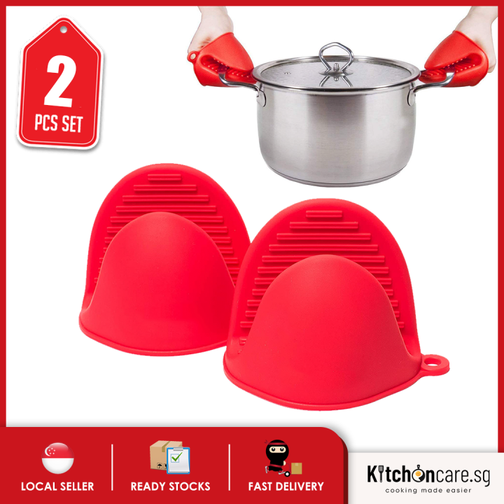 2 Silicone Oven Mitt Pot Pan Holder Glove Pinch Kitchen Heat Resistant Bake Red