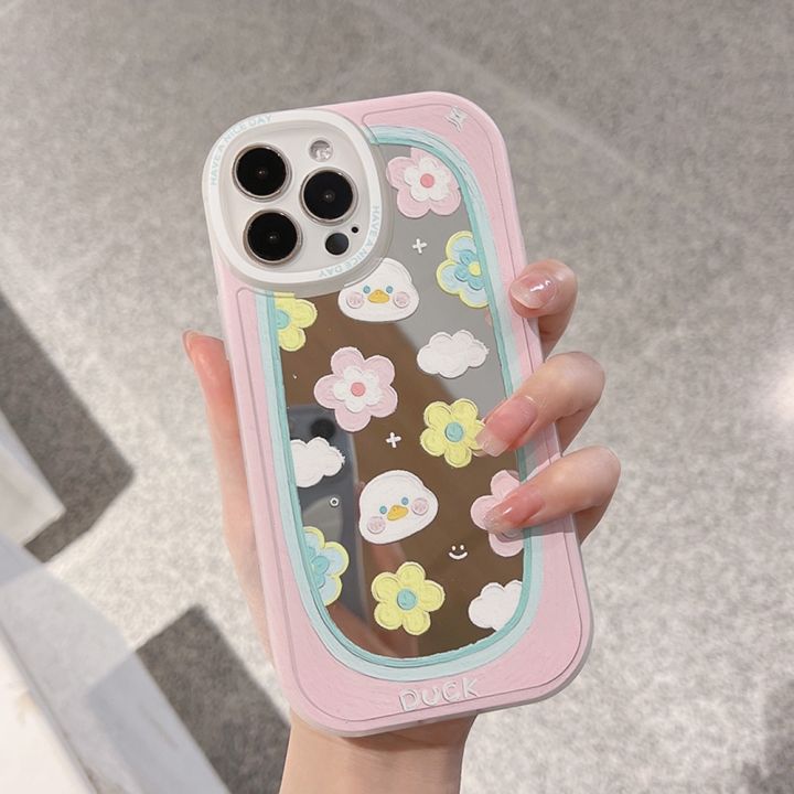 เคสโทรศัพท์มือถือ-แบบนิ่ม-ลายภาพวาดสีน้ํามัน-รูปเป็ด-และดอกไม้-มีกระจกแต่งหน้า-สําหรับ-12-13-pro-max-mini-xr-xs-7-8-plus