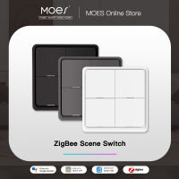 MOES 4แก๊ง Tuya ZigBee ไร้สาย12ฉากสวิทช์ปุ่มกดควบคุมแบตเตอรี่ขับเคลื่อนสถานการณ์อัตโนมัติสำหรับอุปกรณ์ Tuya