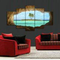 Azure Ocean Island Palm Tree ภาพวาด-5ชิ้นผ้าใบพิมพ์โปสเตอร์ Wall Art สำหรับตกแต่งบ้าน