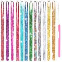 Hair Tinsel ชุดเส้น35in 12สีสุ่ม2000เส้นใยแวววาวสำหรับต่อผมไฮไลท์เส้นผมสังเคราะห์ประกาย