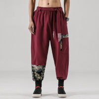 Japanese kimono Men Cotton Linen Samurai Costume Ukiyo-e Print Belt Retro Harem Pants Haori Baggy Trousers Harajuku Hip Hop