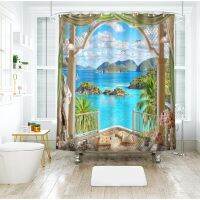 ✠□ 3d Sea View Pattern Shower Curtains Sunset Glow outside the Window Bathroom Curtain Thicken Waterproof Thickened Bath Curtain