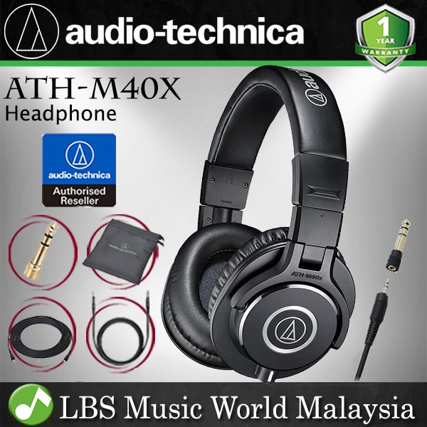 Audio-Technica ATH-M40x Professional Studio Monitor Headphones 90 Degree Swiveling Earcups Plus a Basic Bundle with Headphones Holder a Case and More Black w/ 40mm Dynamic Drivers 