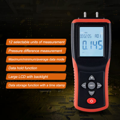 Fansline- Digital Manometer 2.4นิ้ว LCD ความแม่นยำสูงมือถือ Dual-Port Manometer ± 2Psi Differential Air Pressure Gauge Tester 12หน่วย