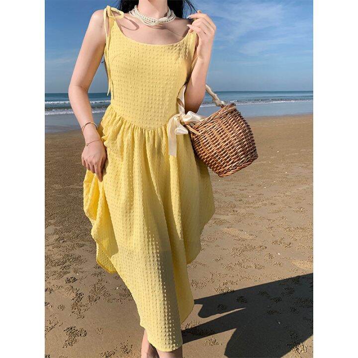 seaside-holiday-yellow-french-retro-condole-belt-dress-female-summer-skirt-show-thin-waist-the-romance