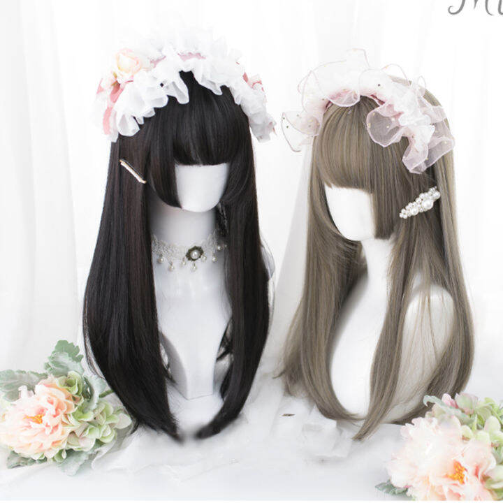 hot-as-long-straight-wigs-with-bang-for-women-black-brown-วิกผมสังเคราะห์ทนความร้อนแบบเต็มวิกผมแอฟริกันอเมริกันที่ชื่นชอบ