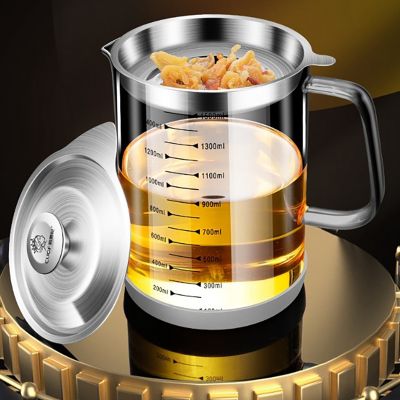 Transparent Glass Oil Filter Pot with Scale Kitchen Oil Separator Home Bacon Grease Container with Fine Mesh Strainer