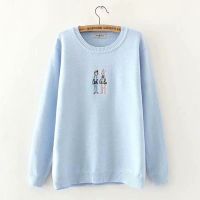 Plus Size Womens Rabbits Embroidery Blue Sweaters Long Sleeved Autumn Winter Outerwear Large Size Female Clothing