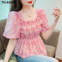 2023 summer new puff sleeve colored floral high-end pleated slimming sweet chiffon versatile