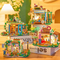 (HOT) เข้ากันได้กับ Small Granules City Street View Snack Cart Building Blocks Flower Decoration Puzzle Boys and Girls ประกอบของเล่นขายส่ง