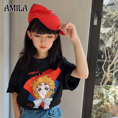 AMILA เสื้อยืดเด็กชายและเสื้อแขนสั้นสำหรับเด็กหญิงคอกลมพิมพ์การ์ตูนเสื้อยืดผ้าฝ้ายสะดวกสบายและระบายอากาศด้านบน