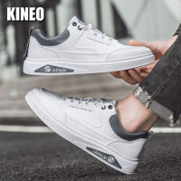 KINEO รองเท้าหนังสีขาวสำหรับผู้ชายรองเท้าผ้าใบ,รองเท้ากีฬาหนังสไตล์เกาหลีรองเท้าผู้ชายรองเท้าแบนสบายๆเชือกผูกแบบระบายอากาศสีดำ