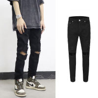 Spot American -Style High Street Water Washing Slim Feet Tight Elastic Black Porn Jeans MenS Pants Summer Men And