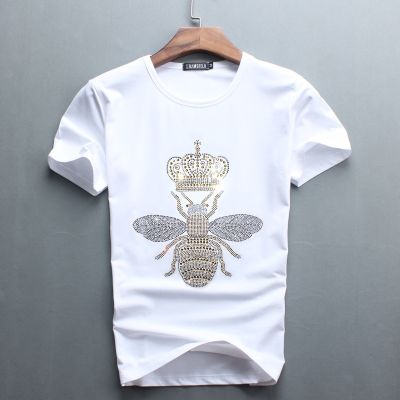 CODTheresa Finger top t shirt Short sleeve new mens short sleeve hot drill little bee pattern cotton T-shirt trendy mens fashion youth tee round neck T-shirt slim fit lovers short sleeve