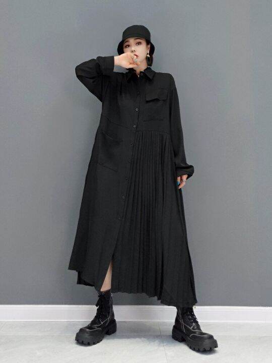 xitao-dress-solid-color-asymmetrical-long-sleeve-pleated-shirt-dress