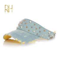 Handmade Pearl Denim ที่ว่างเปล่า Top Visor Sun หมวกสำหรับสาวผู้หญิงเบสบอลหมวก Snapback Beach หมวก Quick-Drying หมวก Ajustable RH