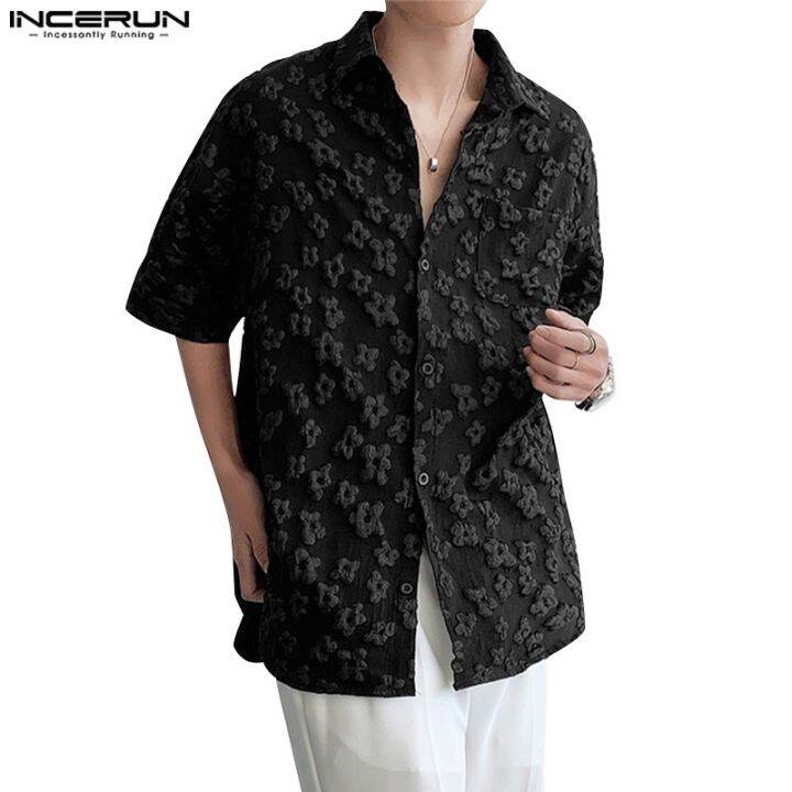 incerun-เสื้อเชิ้ตแขนสั้น-ลายดอกไม้นูน-แฟชั่นสําหรับผู้ชาย