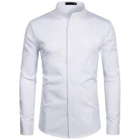 ไวน์แดง Slim Fit เสื้อผู้ชาย Nd Banded Collar แขนยาว Chemise Homme Casual ปุ่มลงเสื้อสำหรับ Busienss Men S-2XL