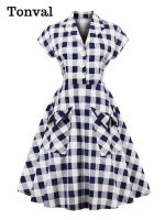 KKTonval Turn-Down Collar ปุ่มผู้หญิง50S Gingham Vintage Pinup Dress ฤดูร้อนแขนสั้นกระเป๋าผ้าฝ้าย Midi Elegant Dressesq11