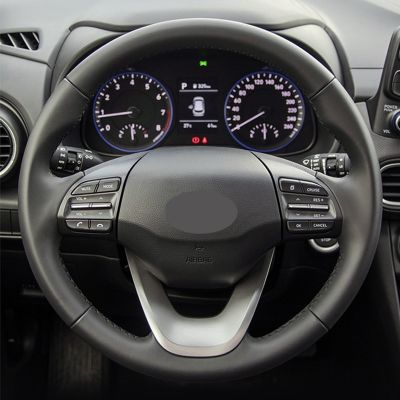 【YF】 Hand-stitched Artificial Leather Steering Wheel Cover Black Car Covers for Hyundai Kona 2017 - 2019