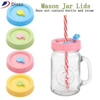 DISSO 1/4Pcs พลาสติก ป้องกันการรั่ว น่ารัก Mason Jar Lids มีรูฟาง ฝาขวด ฝากระป๋อง