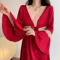 【 WYIN kitchen】 Nightgown Women Flare Sleeve Nightdress Sexy Lace Hollow Out Nightwear Palace Style Sleepwear Elegant V-Neck Home Dressing Gown