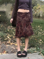 Fairycore Grunge Vintage Print Midi Skirts Boho Y2k Kawaii Mesh Retro Skirts Holiday Brown 2000s Harajuku Aesthetic Skinny Skirt