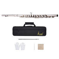 Muslady Western Concert Flute Nickel Plated 16 Holes C Key Cupronickel Woodwind Instrument with Cleaning Cloth Stick Gloves Mini Screwdriver Padded Bag