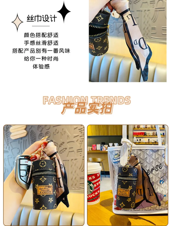 Women Luxury Keychain Accessories Leather Bucket Lipstick Bag Silk Scarf  Keyring Pendant Portable Storage Valuable Gift Creative