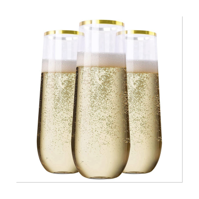 24 Pieces Stemless Plastic Champagne Flutes, 9Oz Gold Rim Plastic Champagne Glasses, Clear Plastic Toasting Glasses