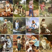 ✾♘ↂ Farm Kid Printed Canvas 11CT Cross-Stitch DIY Embroidery Full Kit Knitting Handicraft Handmade Handiwork Design For Adults Gift