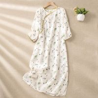 --SY23726●▩✎ 3 catties large size ice silk womens and summer ese sle ived eong ghtdress retro sled front pted dress home service