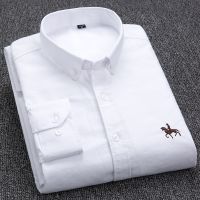 100% Cotton Oxford Shirt Mens Long Sleeve Embroidered Horse Casual Without Pocket Solid Yellow Dress Shirt Men Plus Size S-6XL