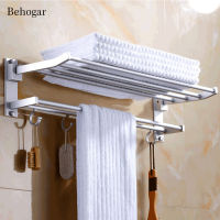 Behogar 48cm Foldable Bathroom Shower Wall Mounted Dual Layer Space Aluminum Towel Storage Shelf Holder Stand Rack with Hooks