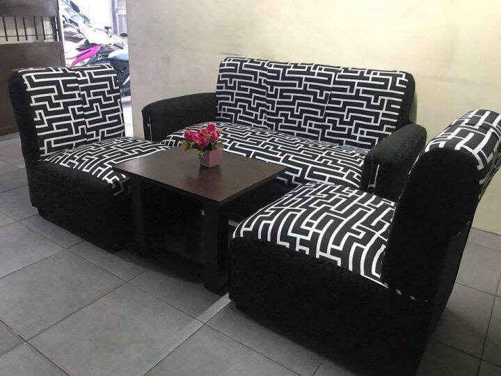 sala set Black white fabric sofa with center table uratex foam cod only !!! Lazada PH