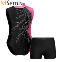 ♨✢✧ Kids Girls Gymnastics Ballet Dance Leotards with V front Shorts Bottoms Round Collar Shiny Rhinestone Hollow Back Dance Wear