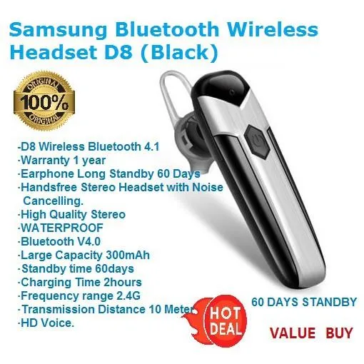 D8 Samsung Bluetooth Headset Original (Black)Waterproof Lazada
