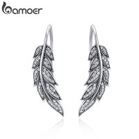 BAMOER Fashion 925 Sterling Silver Vintage Feather Wings Long Drop Earrings for Women Sterling Silver Jewelry Brincos SCE215