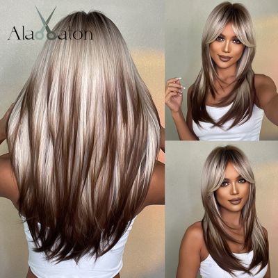 ALAN EATON Blonde Layered Synthetic Wigs for Women Long Straight Brown Highlights Wigs with Bangs Balayage Hair Heat Resistant