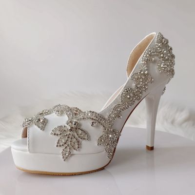 Diamond fine fish mouth sandals with waterproof high side empty fish mouth hollow out white wedding bride documentary shoes female