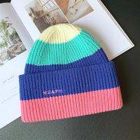 2022ผู้หญิง Beanie Skull หมวกถัก Rainbow Warm ฤดูหนาว Steitching สีหมวก Tide Street Hip Hop หมวกขนสัตว์สำหรับผู้ใหญ่