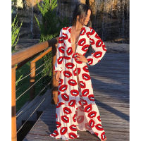 2021 Beach Dress Summer Print Swimwear Women Sexy Cover Up Solid Long Tunic Bubble Sleeve Swimsuit With Belt Bathing Suit