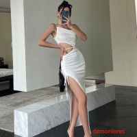 COD DSTGRTYTRUYUY Demonlores-Women Summer Solid Color Sleeveless Spaghetti Strap Hollow Out Long Dress with Drawstring