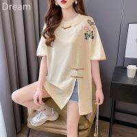 Summer new mid-length embroidered stand collar short-sleeved T-shirt womens design sense niche casual Chinese style dress V729